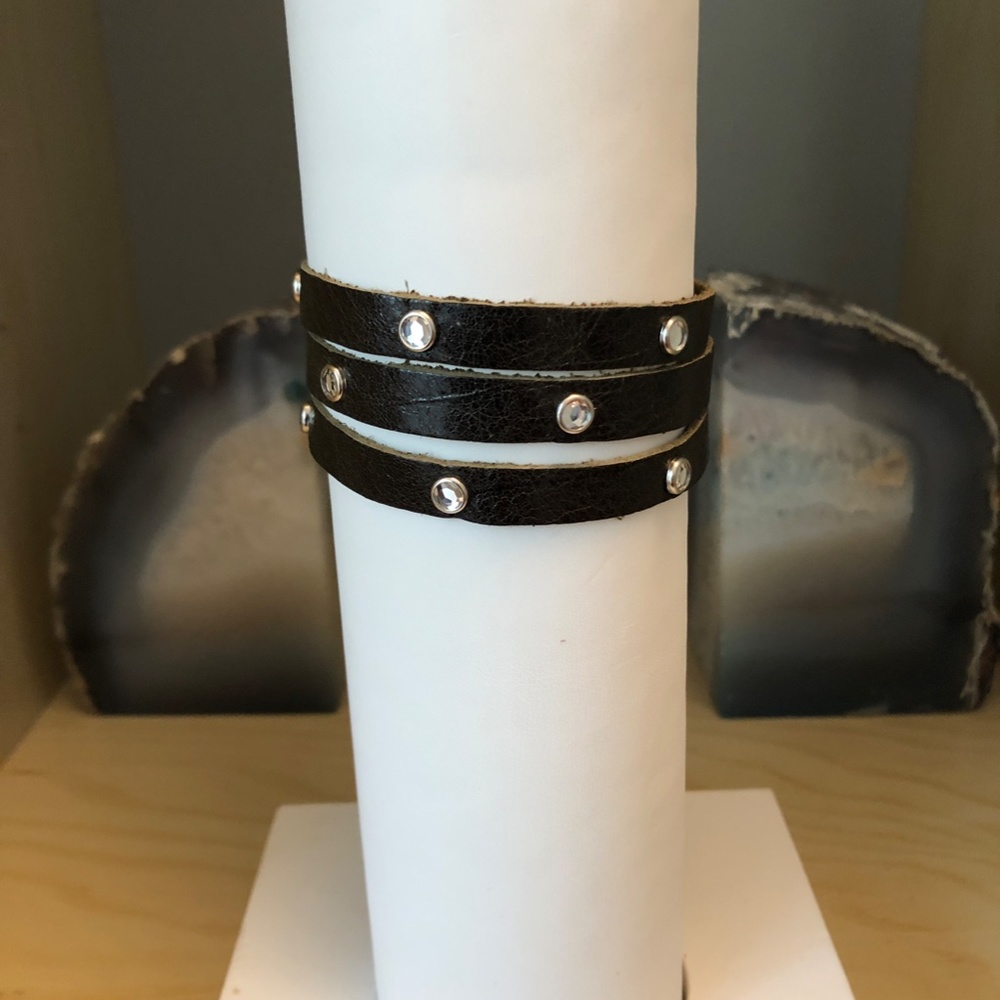 Black Leather Loops with Rhinestone Studded Bracelet